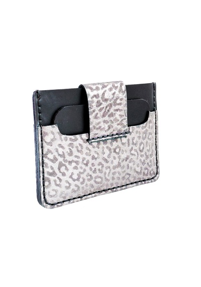 Luna Luster Gümüş Leopar Desenli Kadın Çıtçıtlı Deri Kartlık Siyah - Beyaz - Leopar