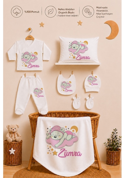 Pia Baby Kız Bebek Hastane Seti 11 Parça %100 Pamuk Kişiye Özel İsim Baskılı Yenidoğan Set 2100110x Ekru