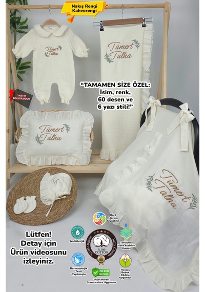 Gros Shop Müslin Yeni Doğan 4katlı Organik %100pamuk Kişiye Özgü Nakışlı Hastane Çıkış Seti İki Dallı Model-2 Ekru-1