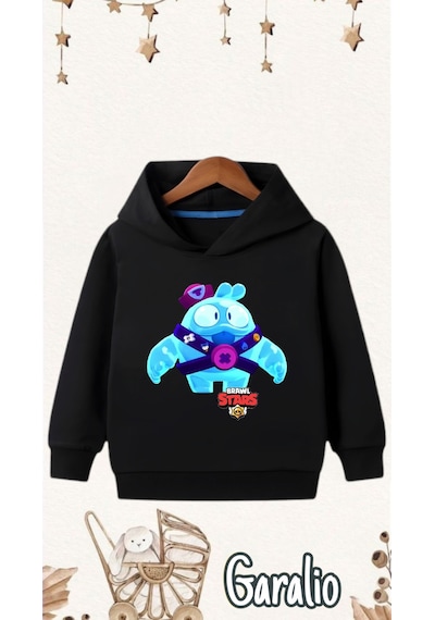 Startmore Brawn Stars Squeak Baskılı Kapüşonlu Çocuk Sweatshirt Siyah
