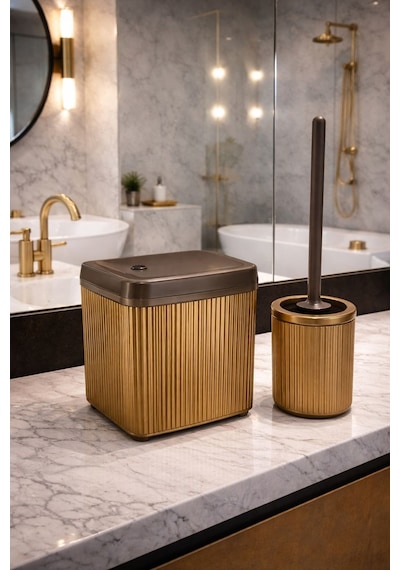 Banyo Çöp Kovası Ve Wc Fırçası Seti Modern Ve Şık Banyo Aksesuarları 2li Set Kahverengi