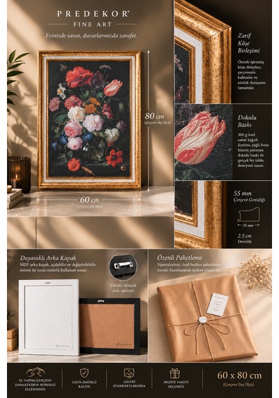 Vintage Klasik Gold Çerçeveli Dark Art Salon Tablosu 60x80 Cm Flemenk Barok Dark Floral Lüks Dekoratif Duvar Tablosu