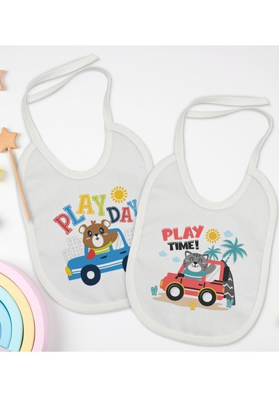 BK Kids Play Time ve Play Day Tasarımlı 2’li Beyaz Mama Önlüğü-1 Beyaz