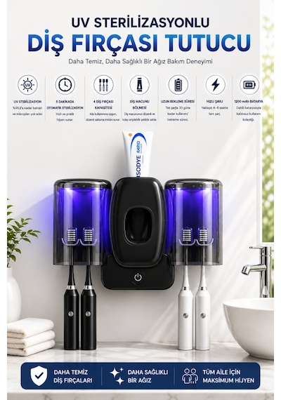 Uv Sterilizasyonlu Diş Fırçası Tutucu, Otomatik Diş Macunu Dispenseri, 4 Fırça Kapasiteli, 1200mah Şarjlı, Duvara Monte Siyah