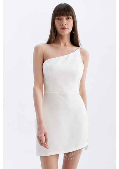 DeFacto Bodycon Vücudu Saran Tek Omuzlu Kolsuz Mini Abiye Elbise D3272AXNSWT32