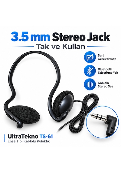 Ultratekno Ts-61 3.5mm Stereo Ense Kulaklık Kablolu Kulak Arkası Mp3 Pc Laptop Telefon