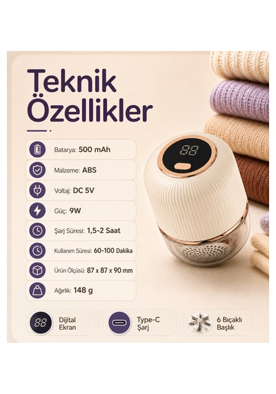 Şarjlı Tüy Toplama Makinesi 6 Bıçaklı Dijital Ekranlı