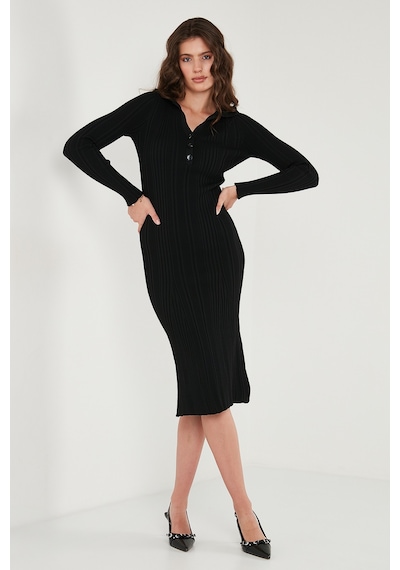 Lela Premium Fitilli V Yaka Slim Fit Midi Boy Triko Bayan Elbise 680El00282 Siyah