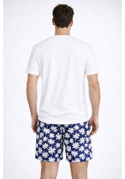 Erkek Pamuklu Kısa Kollu Palmiye Desenli Cepli Şortlu Pijama Takımı Ke77626 Lacivert - Beyaz