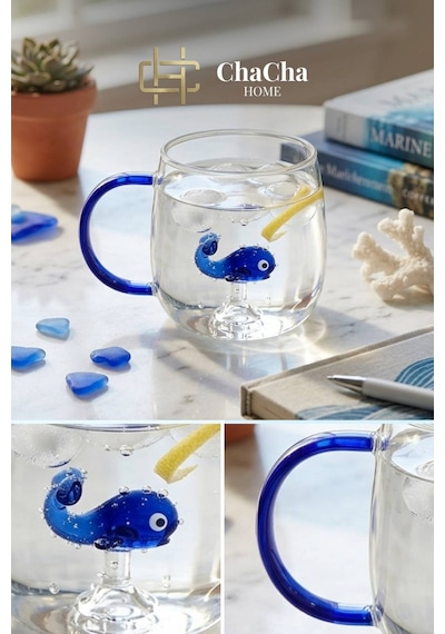 Chacha Home Figürlü Borosilikat Cam Kupa 350 Ml - Renkli Kulplu Bardak - El Yapımı Cam Figürlü Sunum Kupası Balina Figür
