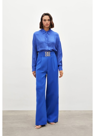 Sateen Bel Aksesuarlı Bol Paça Pantolon - Sax Mavi-134774 Saks Mavisi Sateen Bel Aksesuarlı Bol Paça Pantolon - Sax Mavi-134774 Saks Mavisi