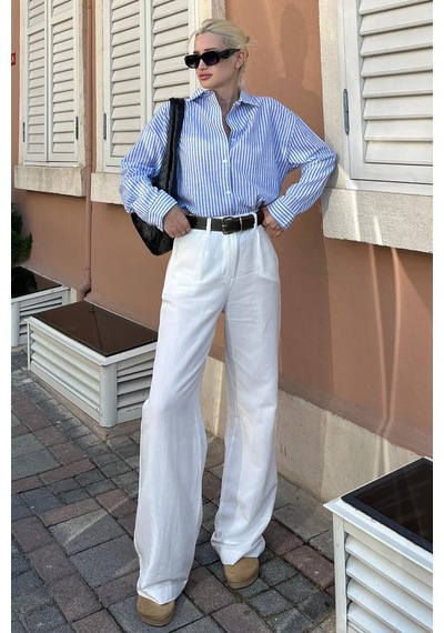 Seeh Mavi Çizgili Düğme Detaylı Oversize Uzun Kollu Kadın Gömlek Sh180 Çok Renkli