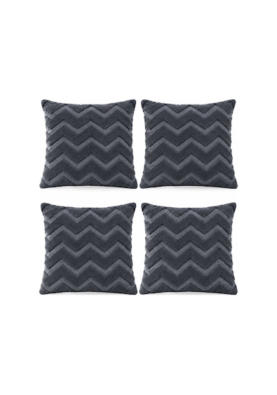 Peluş Dekoratif Kırlent Kılıfı İskandinav Zigzag-balıksırtı 4 Lü Set 42x42 Cm Antrasit Füme
