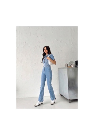 Kene Jeans Kısa Kol Buz Kar Likralı Denim İspanyol Paça Tulum Buz Kar