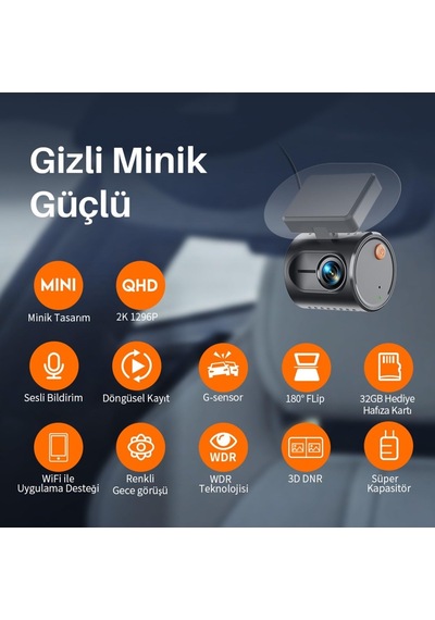 Mini 3 Gen2 2k 1296p Wifi 145 Geniş Açı Gece Görüşlü 32gb Hafıza Kartlı Akıllı Araç Kamerası