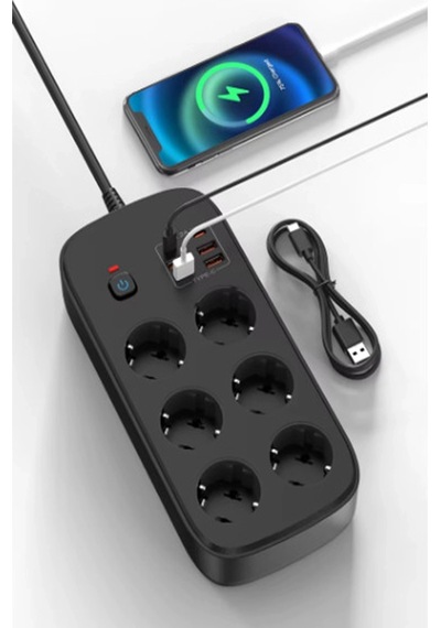 Termal Akım Korumalı 6 Lü Priz 4x Usb 2x Type-c Çıkışlı Grup Priz Çoğaltıcı 3500w Siyah 1
