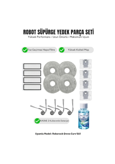 Roborock Qrevo Curv 5a1 İle Uyumlu 4 Yan Fırça 4 Filtre 4 Mop 1 Deterjan 4 Toz Torbası 6.0