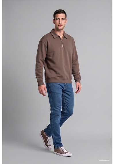 Defacto Pamuklu Regular Fıt Polo Yaka Kalın Kumaş Basic Sweatshirt H1833ax26aubn571 Kahve-bn571