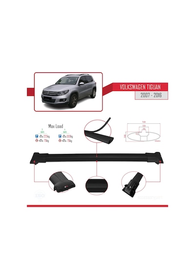 Volkswagen Tiguan 2007-2016 Arası İle Uyumlu Fly Model Ara Atkı Tavan Barı Siyah 3 Adet Bar