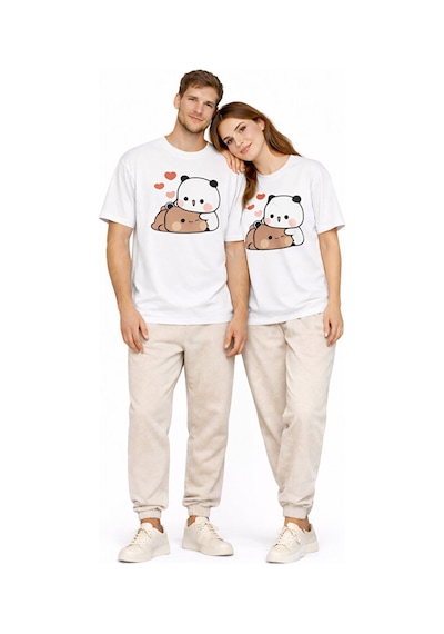 Sevimli Panda Baskılı Sevgili Kombini Çift Tişört Oversize Unisex Beyaz