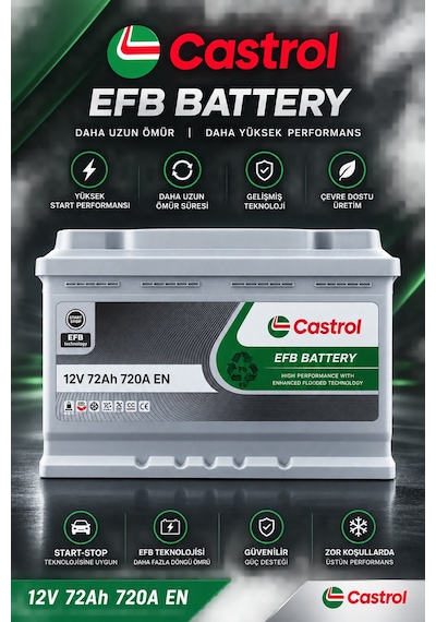 Castrol 12v 72 Ah Amper 720a En Efb Start-stop Akü L3 Kasa Üretim Yılı: 2026