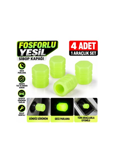Fosforlu Yeşil Sibop Kapağı 4'lü Set Gece Parlayan Araç Lastik Sibop Koruyucu Plastik Kapak - 939659085