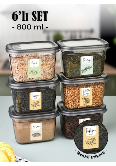 Vienev Renkli Etiketli 6lı Peggy Dikdörtgen Baharatlık Seti 800 Ml Antrasit Şeffaf