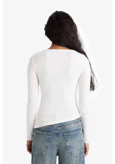 Defacto Slim Fit Dar Kesim Kayık Yaka Ribana Uzun Kollu Tişört G1581ax25auer105 Ekru