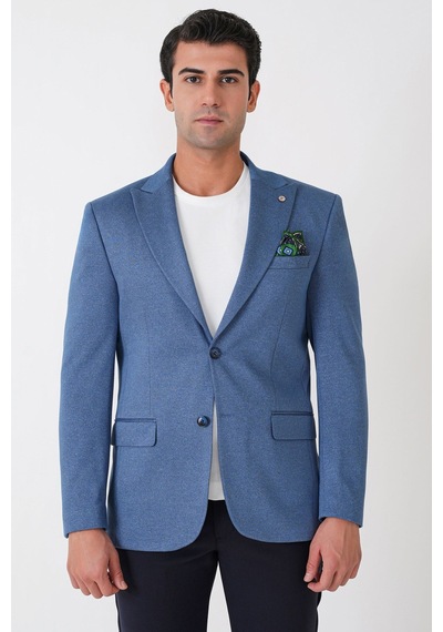 Slim Fit Sivri Yaka Çift Yırtmaçlı Esnek Yünlü İndigo Ceket C 746 Indıgo
