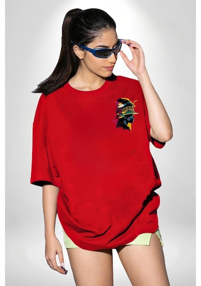 Afrikalı Kadın Sanat Siyahi Kırmızı Oversize Unisex Ön Ve Sırt Baskılı Tişört Kırmızı