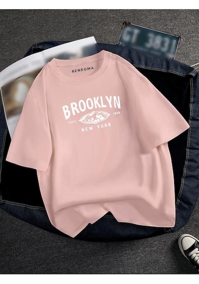 Oversıze Brooklyn Baskılı Unısex Tisort Baskılı Pembe