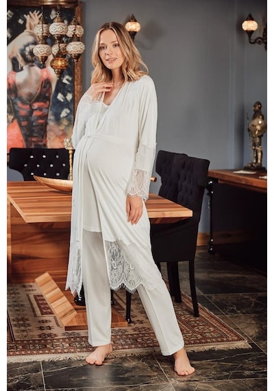Bone Club 5109  ECRU Fantazi Dantelli Hamile Lohusa3 Lü Pijama Sabahlık Tk