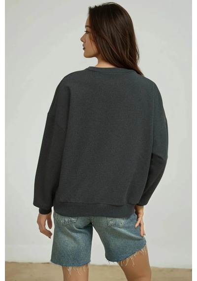 Hiccup Oversize Bisiklet Yaka Basic Sweatshirt Gri