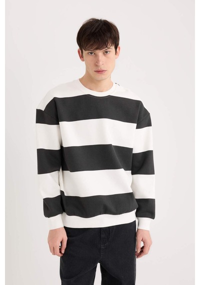DeFacto 	Boxy Fit Bisiklet Yaka Çizgili Dokuma Etiketli Sweatshirt A9066AX24AUBK81