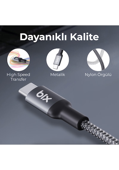 Bix BXCC241 240 W 1.8 M Metal Başlık Type-C Şarj Data Kablosu