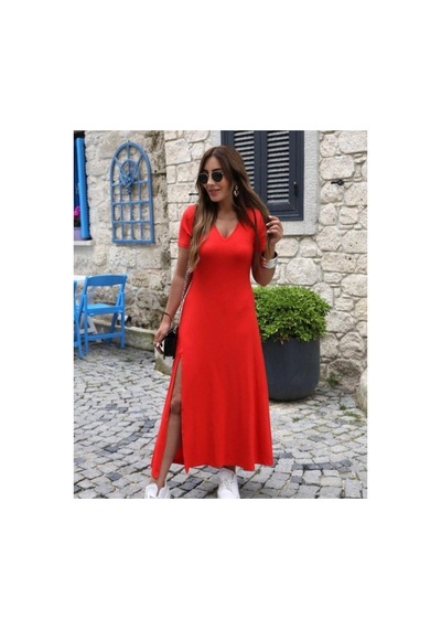 Stilvibe Kadın Kısa Kollu V Yaka Maxi Boy Elbise Editörün Seçtikleri Kırmızı