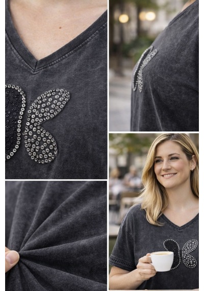 Cedy Denim Cedy - Kadın Özel Tasarım Esnek, Pul Payet, Dantel Detaylı Yıkamalı V Yaka Büyük Beden Tişört Antrasit Cedy Denim Cedy - Kadın Özel Tasarım Esnek, Pul Payet, Dantel Detaylı Yıkamalı V Yaka Büyük Beden Tişört Antrasit