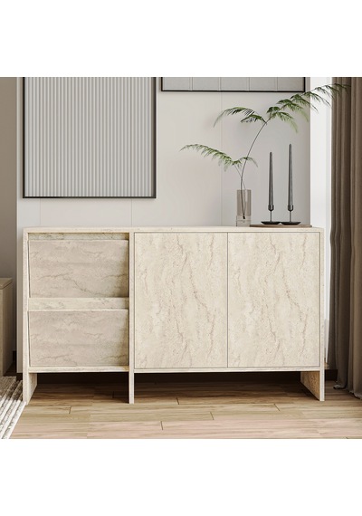 Laris 130 Cm Modern Konsol 4 Kapaklı, Yüksek Ayaklı, Minimalist Tasarım Traverten
