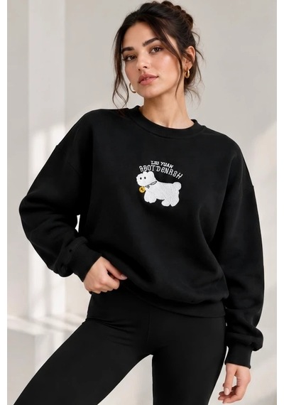 Bbbutikbasic Kadın Kuzu Nakışlı Bisiklet Yaka 3 İplik Sweatshirt My3535 siyah