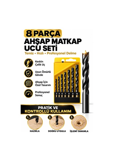 8 Parça Ahşap Matkap Ucu Seti 3-10 Mm Delme Uçları