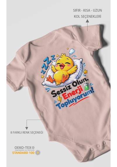 Morivokids Sessiz Olun, Enerji Topluyorum Kısa Kollu Bebek Body %100 Pamuk Pastel Pembe
