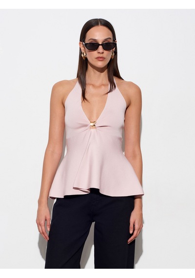 Dilvin 10787 Halter Yaka Peplum Triko Bluz-pudra