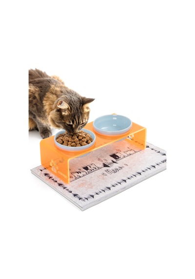 Gobypet 2'li Turuncu Pleksi Dekoratif Kedi Ve Köpek Seramik Mama & Su Kabı + Paspas