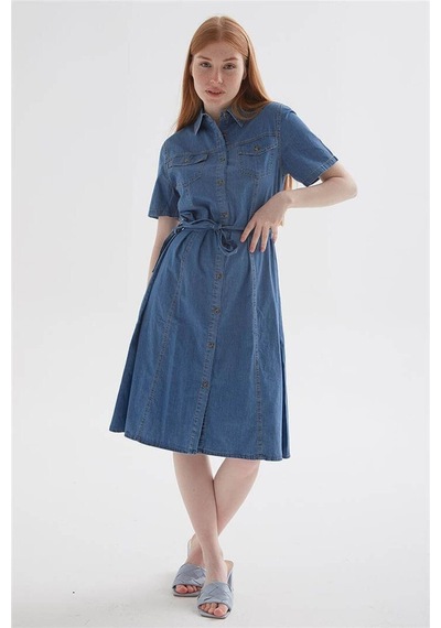 Fashion Friends Kısa Kollu Kemerli Midi Denim Elbise Elbise 24y0108k1 Mavi