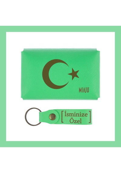 Miaju Fıstık Yeşil, Ay Yıldız Yazılı, İsmine Özel Cüzdan Ve Anahtarlık Set, Tarihinden Onur Duyanlara Özel Fıstık Yeşil