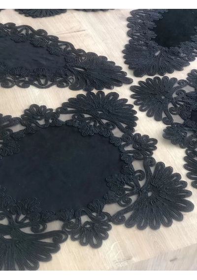 Salon Takımı Çeyizlik Siyah Runner Set 7 Parça Kadife Ranır Masa Konsol Sehpa Örtüsü Palmiye