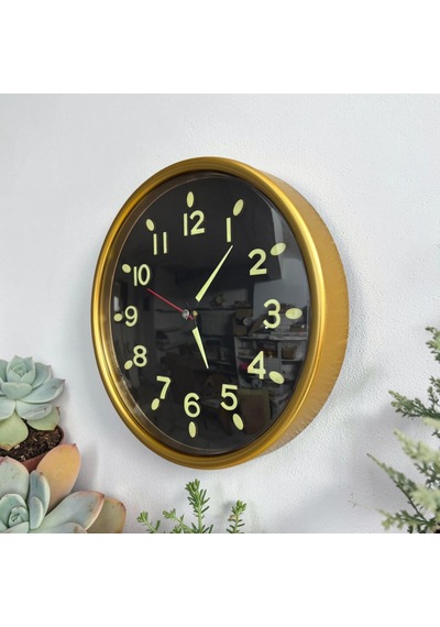 Fosforlu 3d Bombeli Cam Sessiz Akar Saniye Duvar Saati Gold Siyah Çap 28 Cm