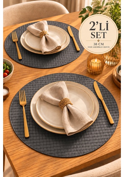 2 Li 38 Cm Yuvarlak Deri Amerikan Servis Supla Örgü Desenli Tabak Altlığı Gri - 939602924 Gri