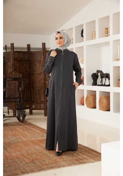 6579-denim Fermuarlı Ferace Koyu Gri Koyu Gri