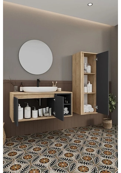 Gül 100 Cm %100 Mdf Lavabolu Banyo Dolabı Ayna Alt Dolap Lavabo Boy Dolabı Antrasit